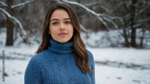 Winter scene with young woman wearing a blue turtleneck sweater