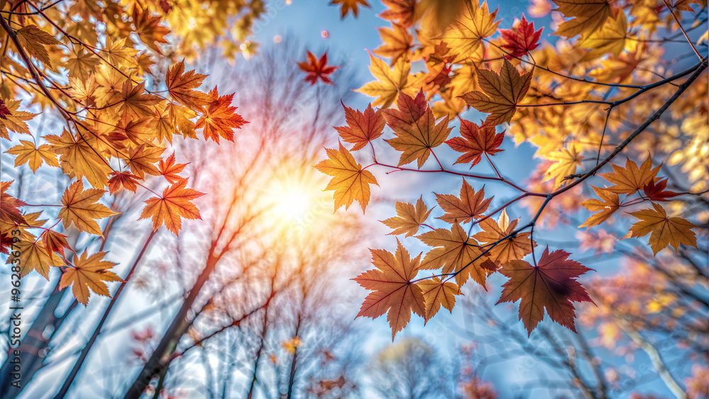 Autumn Leaves in Bright Orange, Yellow, and Red, Viewed from Below with Blue Sky and Sunlight Autumn Leaves in Bright Orange, Yellow, and Red, Viewed from Below with Blue Sky and Sunlight