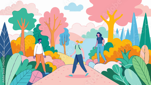 Colorful Autumn Park Scene with Strolling People