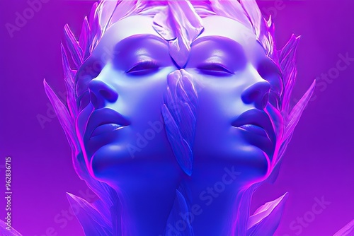 Brain enhancement technology Neural integration Futuristic digital art of a glowing purple head with multiple profiles symbolizing identity multiplicity and neural complexity