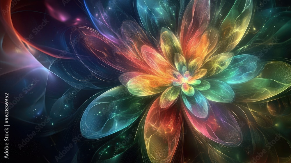 Obraz premium Dreamlike abstract flower blooms in rainbow colors, radiating ethereal light with luminous petals on a dark background