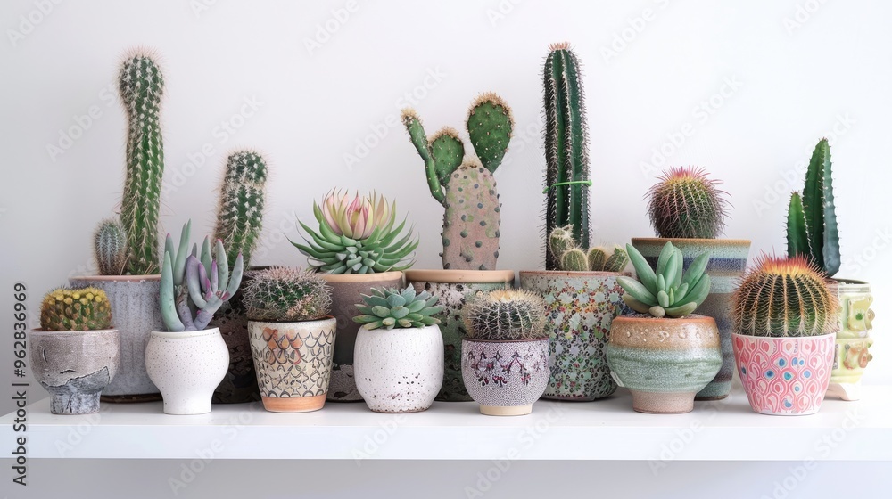 Assortment of cacti and succulents in pots. Cacti in pots on white shelf against white wall. Assortment of cacti and succulents in pots. Cacti in pots on white shelf against white wall.