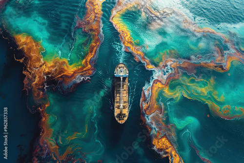 Tanker in accident pollutes nature with oil spill, ecological disaster, leaking ship holes, aerial view from drone. photo