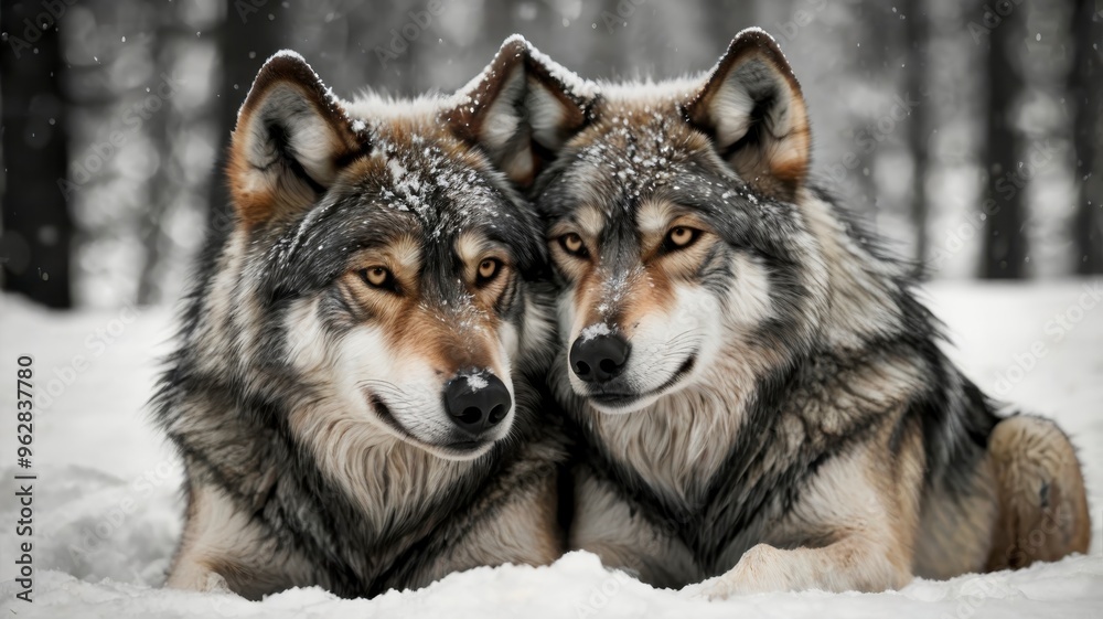 Wolves cuddling in the snow black and white Wolves cuddling in the snow black and white