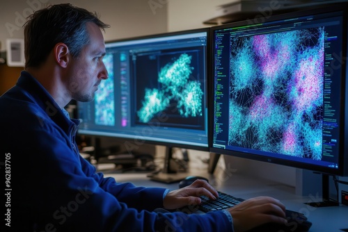 Biotech researcher using advanced computer software to design synthetic biological materials photo