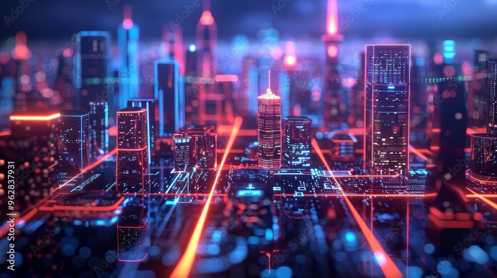 Fototapeta premium A futuristic cityscape at night, illuminated with neon lights, shows advanced urban development and smart city technology.