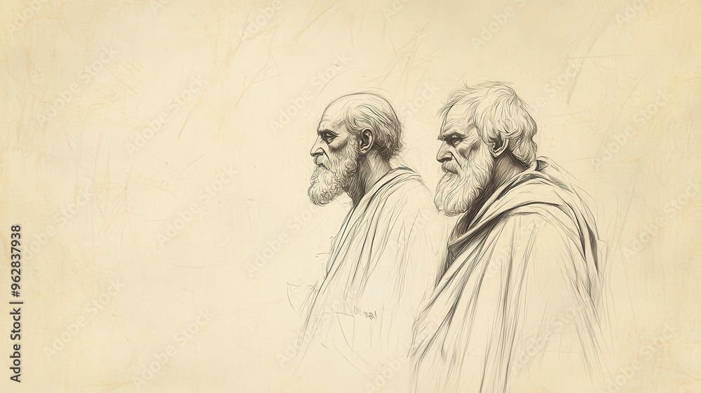 Fototapeta premium Biblical Illustration: A Wise Man and Fool Walk Side by Side, Observing the World in Ecclesiastes, Highlighting the Burden of Wisdom on a Beige Background