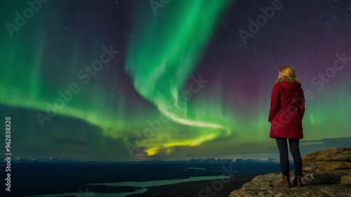 Woman gazing at aurora borealis from cliff 