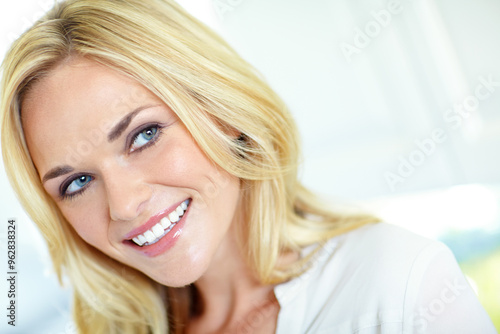 Smile, thinking and woman in home for hair care idea, reflection or planning for texture or growth. Face, hairstyle and happy person in house for dream, beauty cosmetic or blonde color at hairdresser