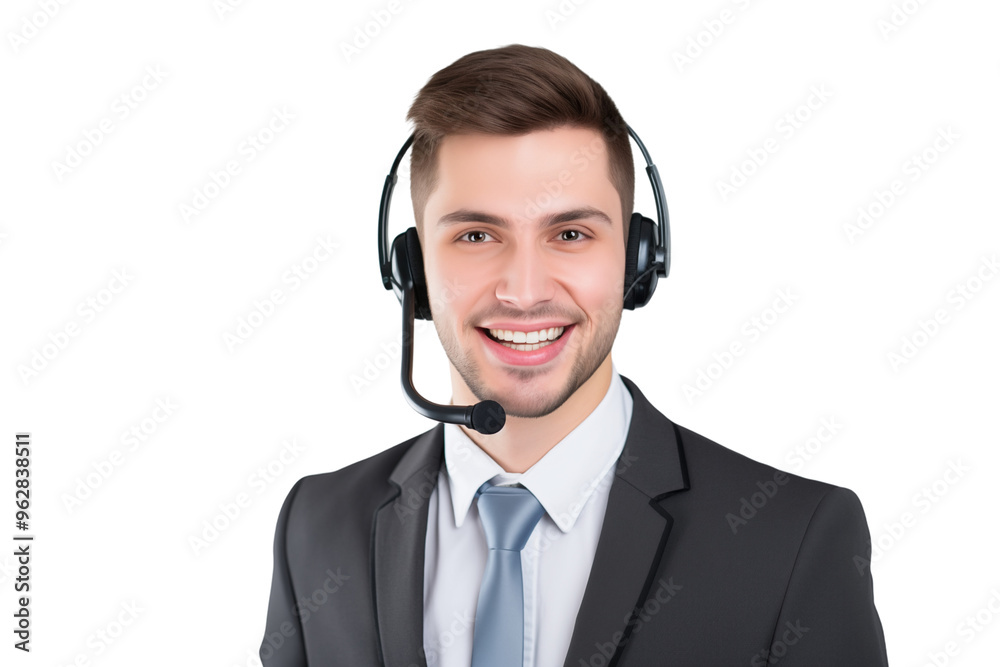 Call center male agent smiling handsome businessman wearing a suit and headset isolated on a transparent background Call center male agent smiling handsome businessman wearing a suit and headset isolated on a transparent background
