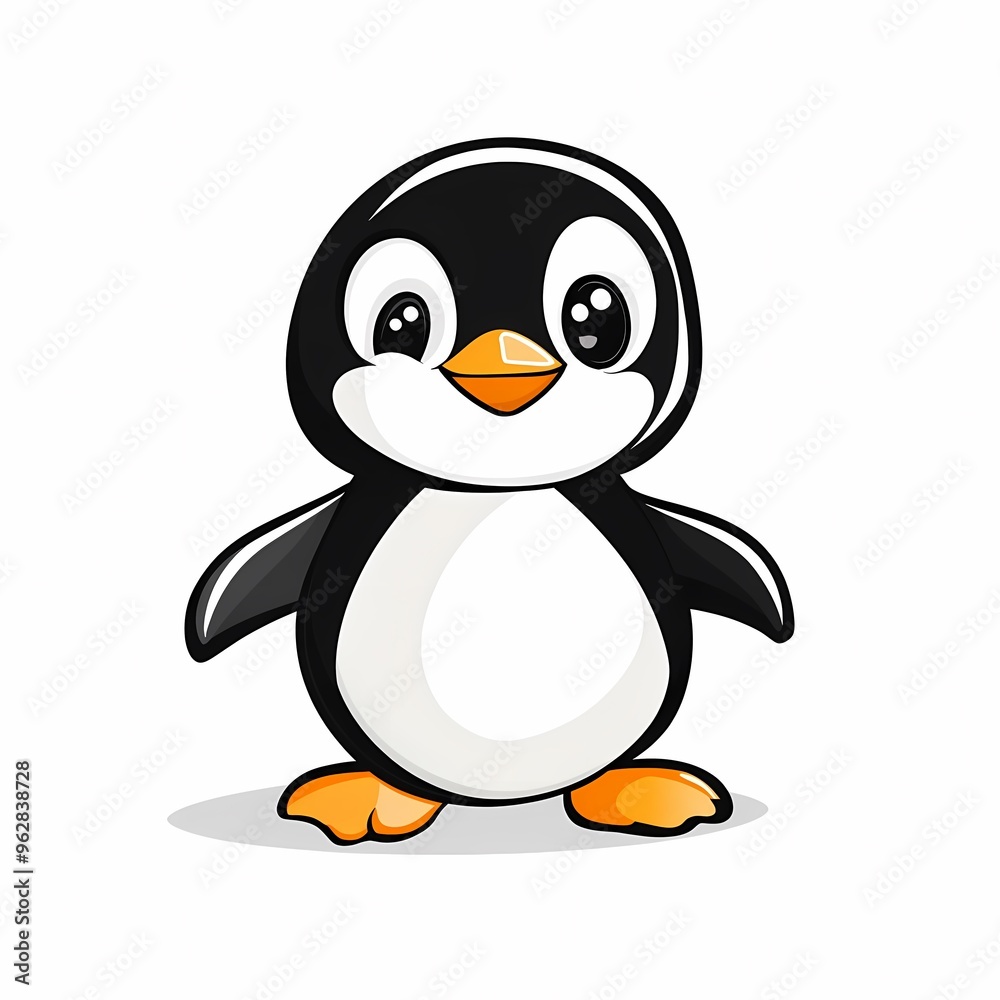 Cute cartoon penguin with big eyes and orange beak standing on a white background. Cute cartoon penguin with big eyes and orange beak standing on a white background.