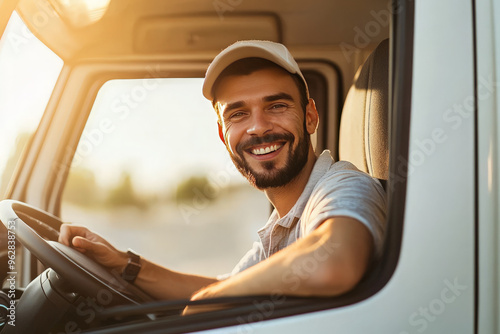 A smiling delivery driver in his truck.