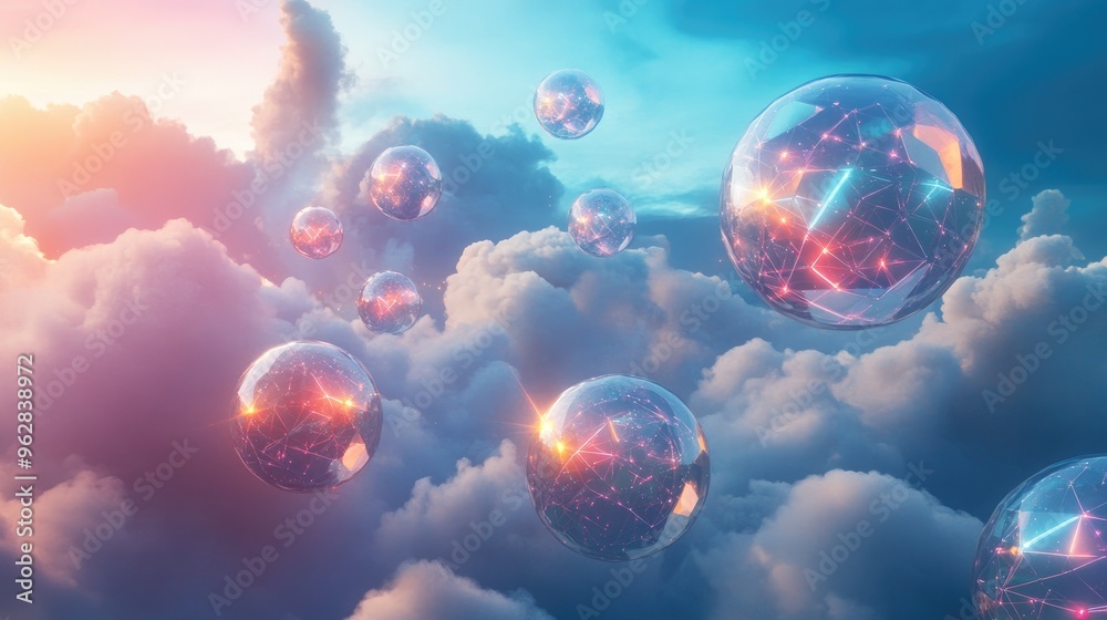 Luminous geometric spheres filled with colored lights, drifting in the sky with a dreamlike ethereal quality, set against soft clouds Luminous geometric spheres filled with colored lights, drifting in the sky with a dreamlike ethereal quality, set against soft clouds