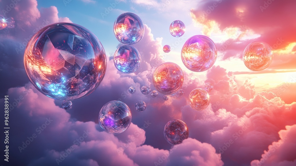 Luminous geometric spheres filled with colored lights, drifting in the sky with a dreamlike ethereal quality, set against soft clouds Luminous geometric spheres filled with colored lights, drifting in the sky with a dreamlike ethereal quality, set against soft clouds