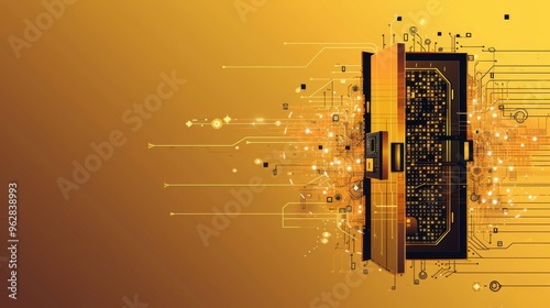 This image depicts an open digital vault with circuit connections emanating a golden glow. It represents concepts of data access, digital security, and technological advancement, suitable for projects