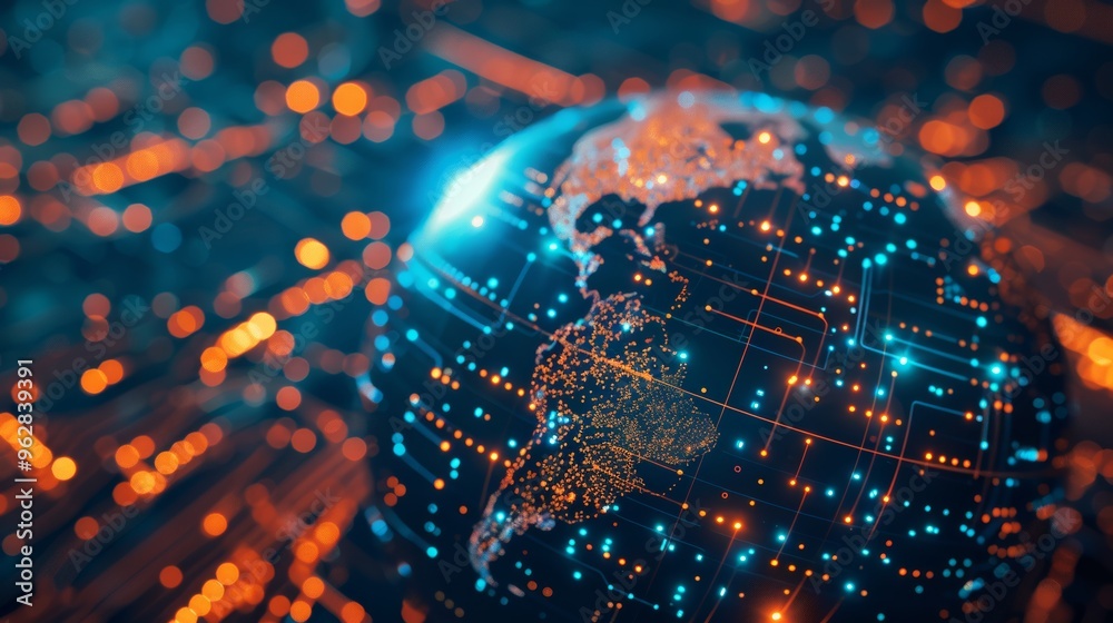 Photo of Glowing Printed Circuit World, Global connectivity, Data transfer, AI, Data exchange, Telecommunications Business Photo of Glowing Printed Circuit World, Global connectivity, Data transfer, AI, Data exchange, Telecommunications Business