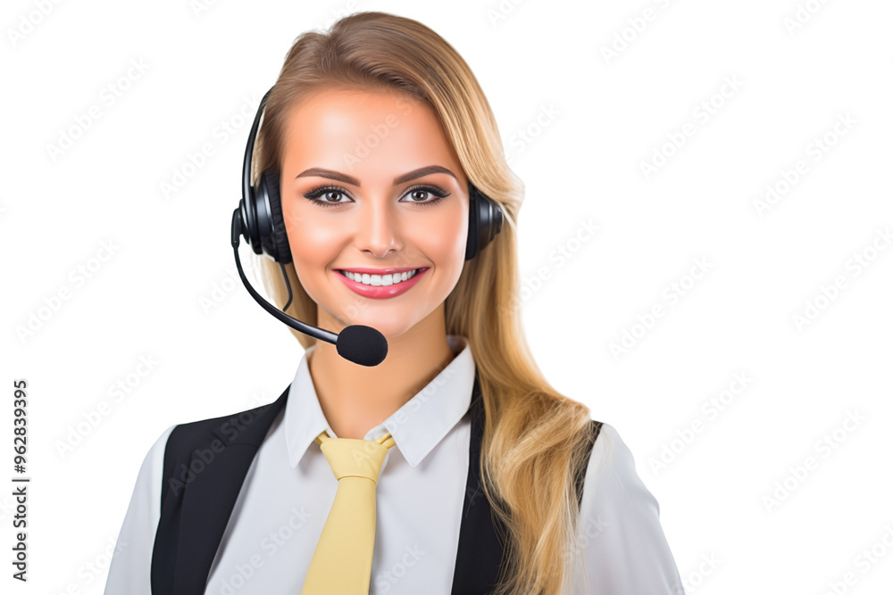 PNG cutout Portrait of female blonde woman call center with yellow tie and headset beautiful smile isolated on transparent background PNG cutout Portrait of female blonde woman call center with yellow tie and headset beautiful smile isolated on transparent background