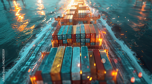 A container ship, Data science and big data technology for transportation logistics shipping tracker. transportation computing, analyzing. Generative AI.