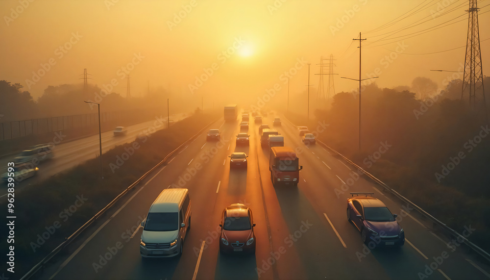 Highway at Sunset with Heavy Traffic and Orange Haze in the Sky Highway at Sunset with Heavy Traffic and Orange Haze in the Sky