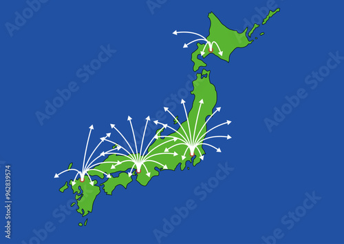 日本の空港を示す地図。飛行機での移動方向を示す矢印。