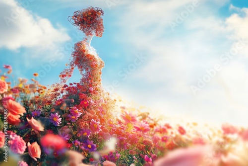 Stunning woman made of flowers stands in field of pink and orange blooms. Clear blue sky with fluffy clouds. Ideal for perfume ads and artistic projects. photo