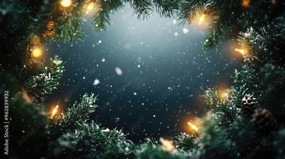 Snowy Pine Branches with Glowing Lights: Festive Winter Background Snowy Pine Branches with Glowing Lights: Festive Winter Background