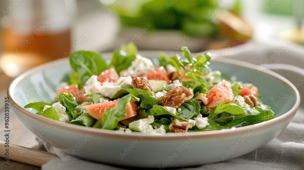 A vibrant salad with guava chunks, feta cheese, candied walnuts, and honey-lime vinaigrette. A vibrant salad with guava chunks, feta cheese, candied walnuts, and honey-lime vinaigrette.