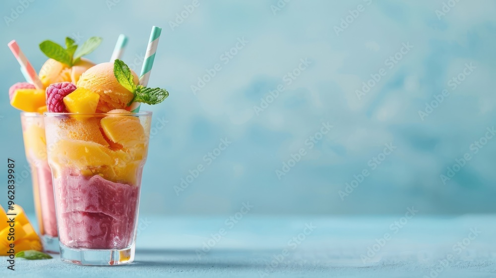 Obraz premium A vibrant rainbow sorbet with layers of mango, raspberry, and lime flavors.