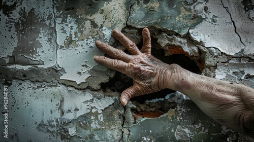 Mixed media photograph of a hand breaking a wall