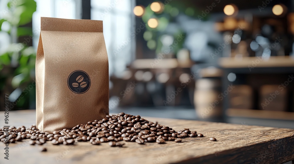 Detailed 3D Render of Fair Trade Coffee Beans, Featuring Clear Branding, Bean Texture, and Sustainable Packaging Detailed 3D Render of Fair Trade Coffee Beans, Featuring Clear Branding, Bean Texture, and Sustainable Packaging