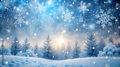 Abstract winter background with snowflakes, Christmas background with heavy snowfall, and snowflakes in the sky. Snowflakes on a blue background