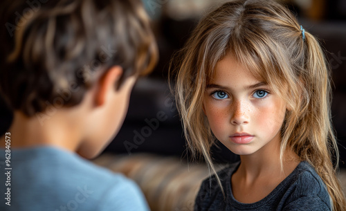 A young girl with blue eyes and brown hair is looking at the camera. She is wearing a black shirt and has her hair in pigtails