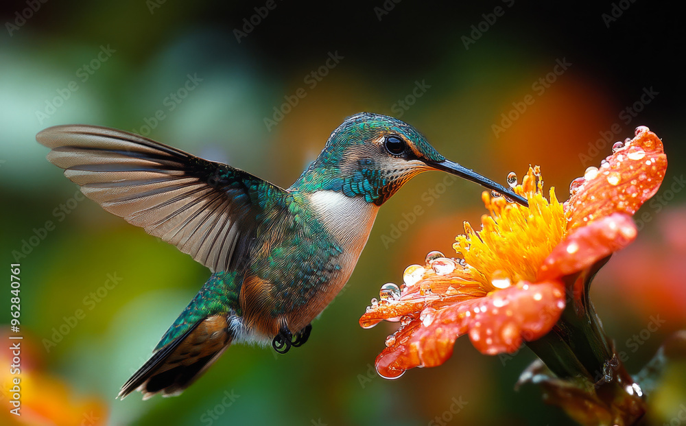 A hummingbird is perched on a flower, drinking nectar. Concept of tranquility and beauty, as the bird is in its natural habitat, enjoying the simple pleasure of feeding on a flower A hummingbird is perched on a flower, drinking nectar. Concept of tranquility and beauty, as the bird is in its natural habitat, enjoying the simple pleasure of feeding on a flower