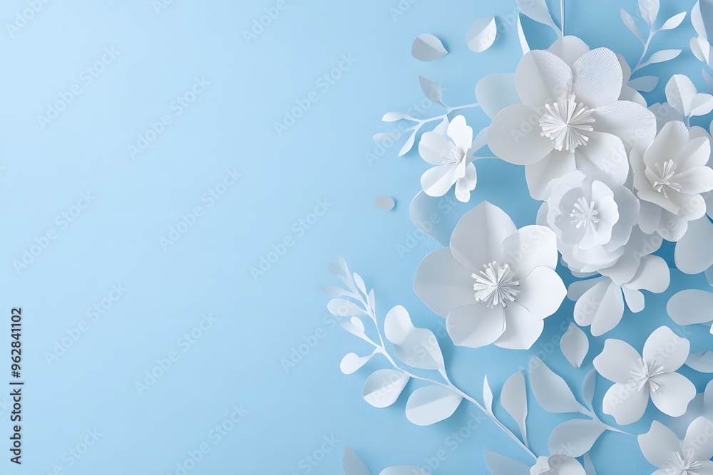 Blue background or texture with spring white flowers. frame, place for text. 