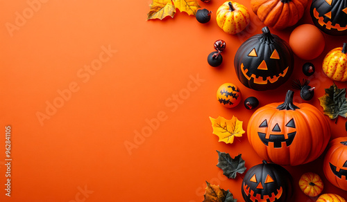 A Halloween scene with pumpkins and leaves on an orange background. The pumpkins are arranged in a way that they look like they are smiling, creating a fun and festive mood