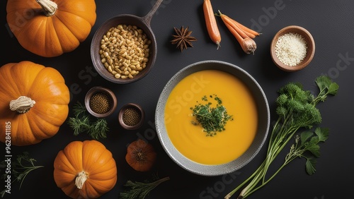 Autumn ingredients pumpkin spices (star anise cumin) carrots ginger garlic in a cozy kitchen.