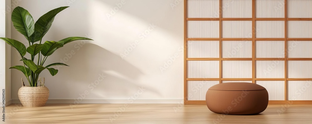 Japanese Wooden Partition with Shoji Paper, Zen room divider, soft diffused light, minimalist setting, natural wood texture, calming atmosphere Japanese Wooden Partition with Shoji Paper, Zen room divider, soft diffused light, minimalist setting, natural wood texture, calming atmosphere