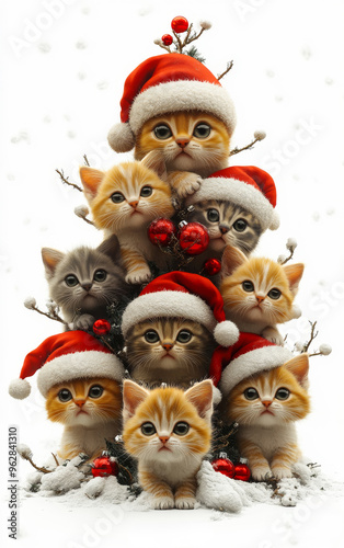 A group of cats wearing Santa hats are piled on top of each other in a Christmas tree. Concept of warmth and joy, as the cats are dressed up for the holiday season