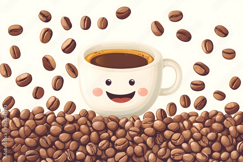 Obraz premium A cartoon cup with a smiley face is surrounded by coffee beans
