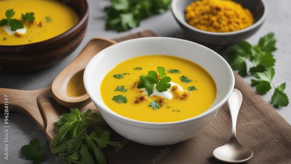 Bowl of creamy yellow curry soup garnished with herbs and nuts. Bowl of creamy yellow curry soup garnished with herbs and nuts.