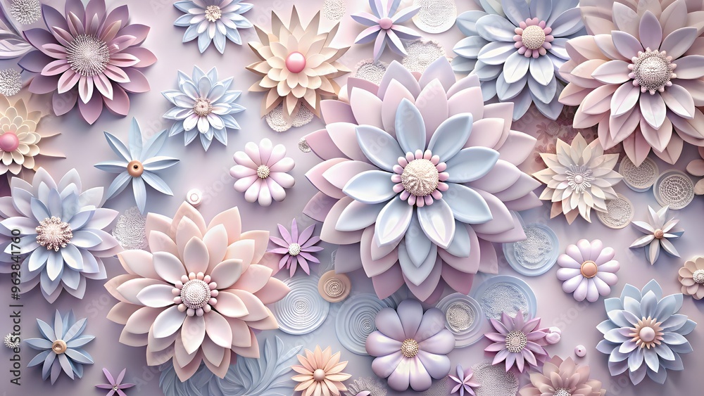 A collection of delicate, paper flowers in various pastel shades are arranged on a light blue background. Some flowers are fully bloomed, while others are partially closed. A collection of delicate, paper flowers in various pastel shades are arranged on a light blue background. Some flowers are fully bloomed, while others are partially closed.