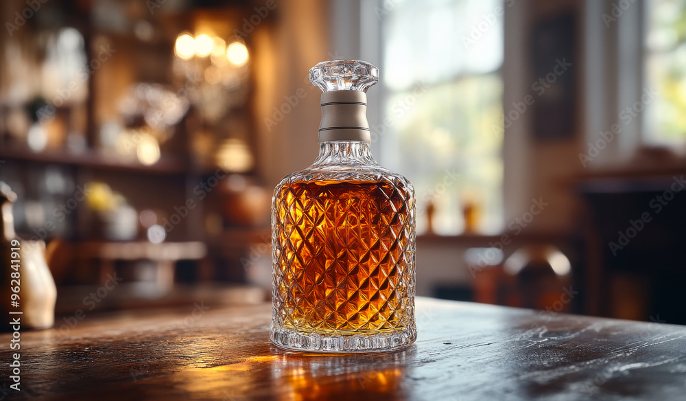 A bottle of liquor sits on a table. The bottle is clear and has a diamond pattern on it. The bottle is full and the liquid inside is brown. Concept of luxury and sophistication
