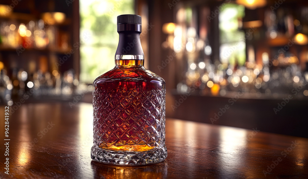 A bottle of liquor sits on a table in a bar. The bottle is full and has a dark brown color. The bar is dimly lit, creating a cozy atmosphere A bottle of liquor sits on a table in a bar. The bottle is full and has a dark brown color. The bar is dimly lit, creating a cozy atmosphere
