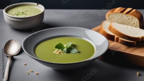 Bowl of green soup with spoon bread and garnishes accompanied by a side bowl of creamy white dip. photo