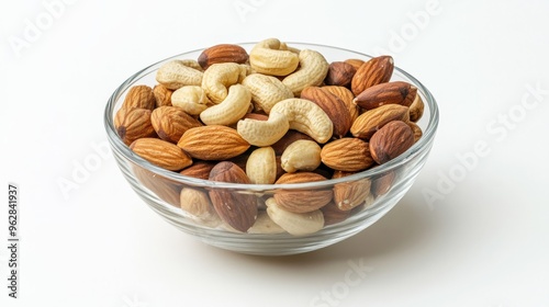 Assorted nuts in a bowl on white background, healthy snack