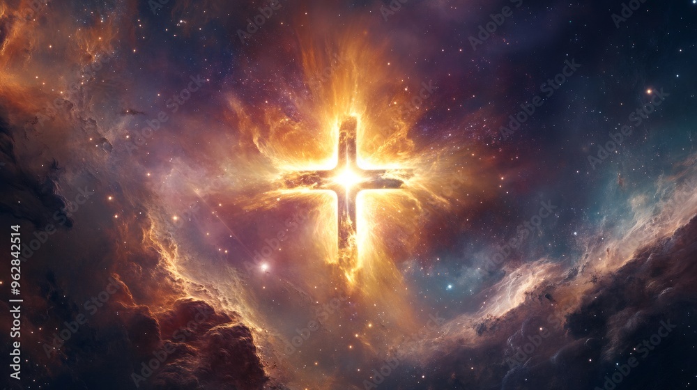 A glowing cross is surrounded by nebulae, stars, and cosmic dust. A glowing cross is surrounded by nebulae, stars, and cosmic dust.