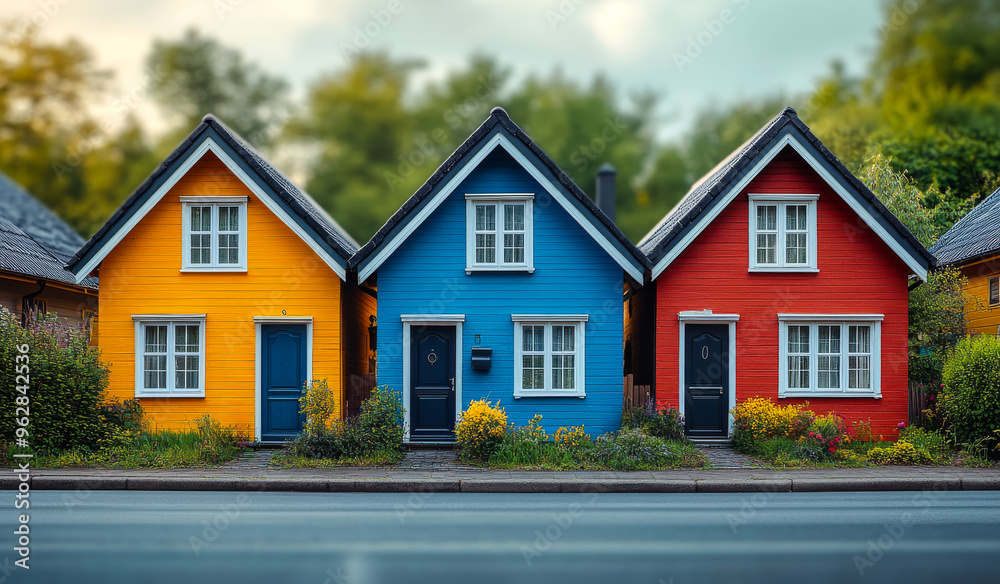 Three houses with different colors sit on a street. The houses are yellow, blue, and red Three houses with different colors sit on a street. The houses are yellow, blue, and red