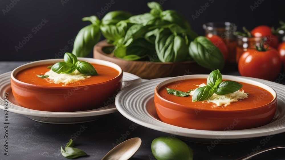 Two bowls of creamy tomato soup on a black table garnished with basil and cheese.