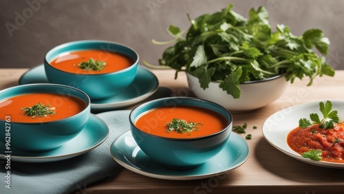 Bowls and plates filled with minestrone-style soup garnished with basil leaves.