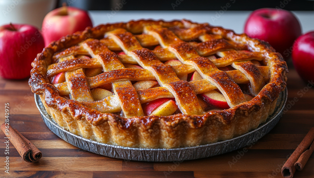 A pie with lattice crust and apples on top. The pie is on a wooden table. The pie is golden brown and looks delicious A pie with lattice crust and apples on top. The pie is on a wooden table. The pie is golden brown and looks delicious